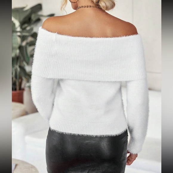 white flap Foldover detail Off Shoulder Fuzzy Sweater - Picture 5 of 6